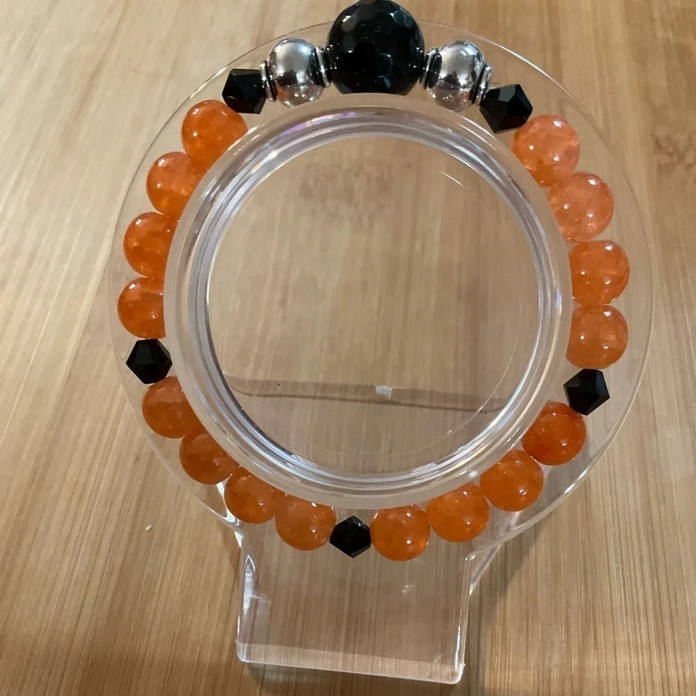 Hand Crafted Bracelet Beaded Stretch Orange Black Silver Stainless Steel